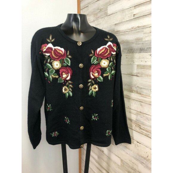 Jantzen Petite Vintage Womens Black Hand Embroidered Wool Cardigan Sweater M - Picture 1 of 4